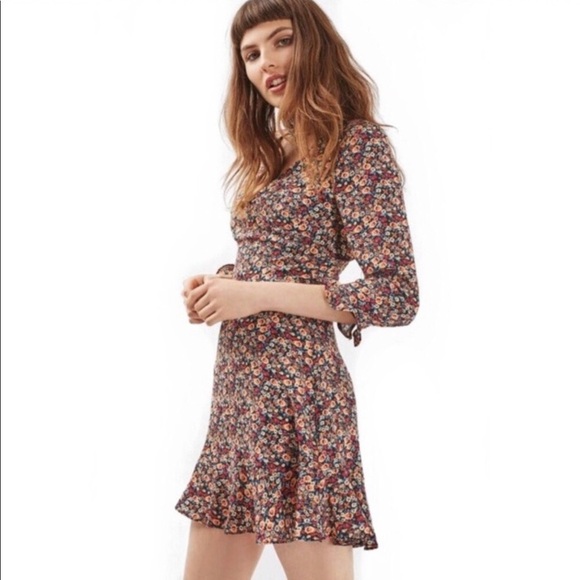 Topshop Floral Long Sleeve V Neck Ruffle Mini Dress - Picture 10 of 14